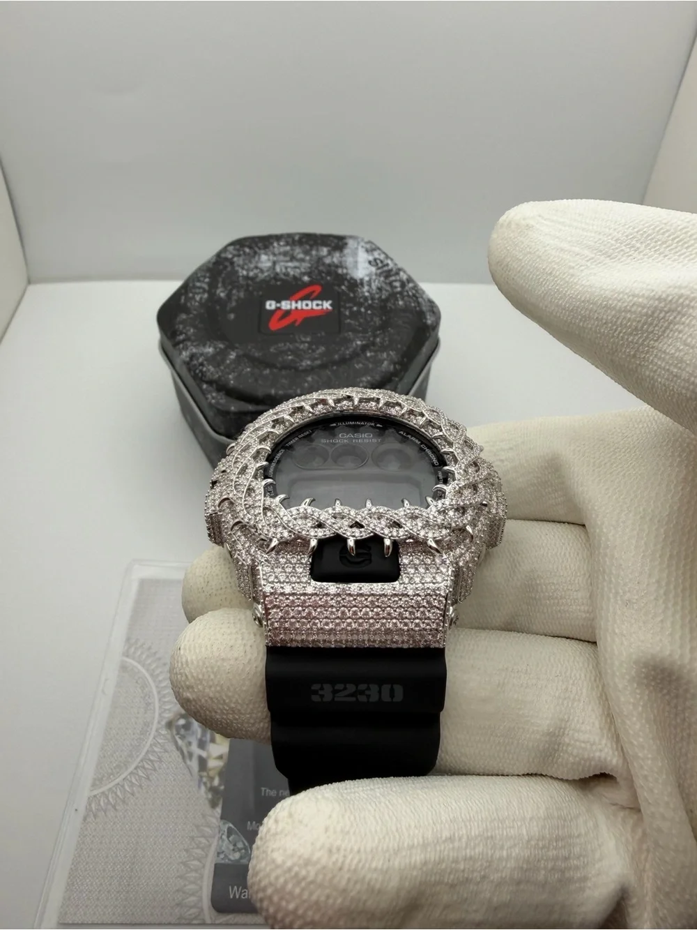 G-Shock Black Digital Watch with Silver Moissanite VVS Pavé Bezel